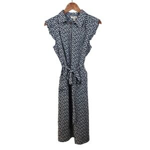 Monteau Women's L Navy Floral Cap Sleeve Midi Shirt Dress with Tie Waist Pockets